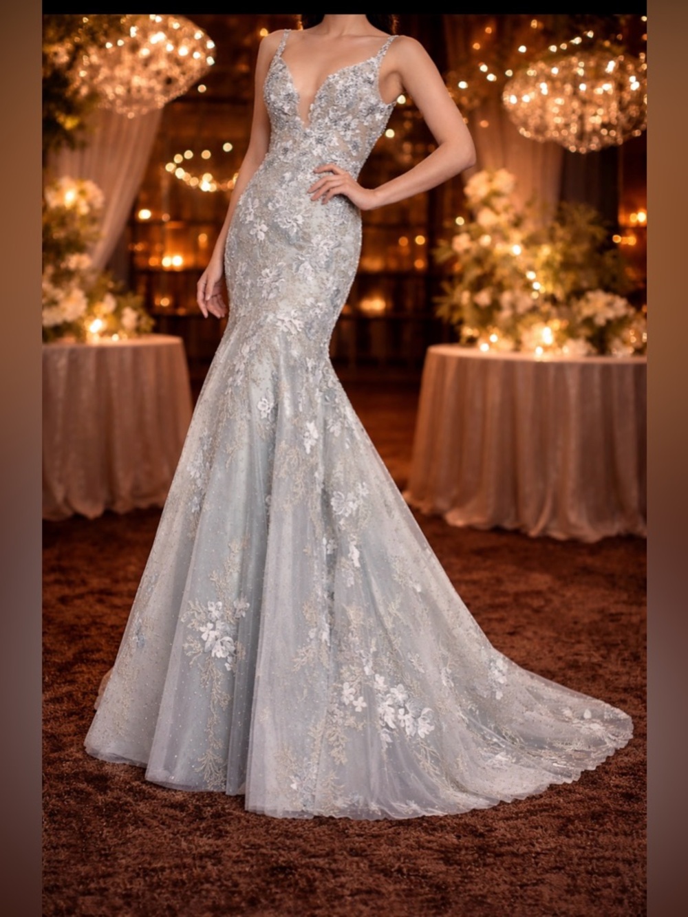 Mac Duggal NWT size 0 tulle floral embroidered mermaid gown 20206 sea mi…